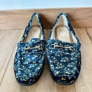 Cabi Womens Size 7 Blue Yellow Floral Velvet Carnaby Loafers Shoes Buckle Flats